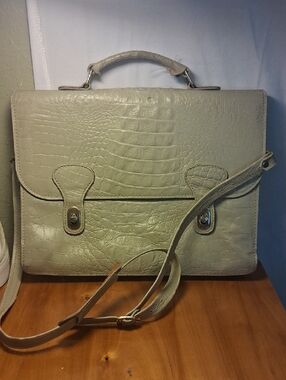 Renwick Embossed Leather Satchel Bag in Light Sage